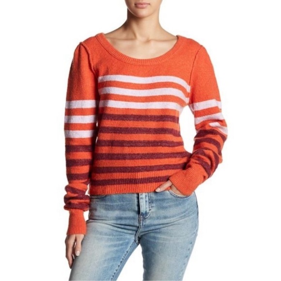 FREE PEOPLE Complete Me Orange Striped Cotton Alpaca Blend Knit Sweater M - Picture 2 of 16